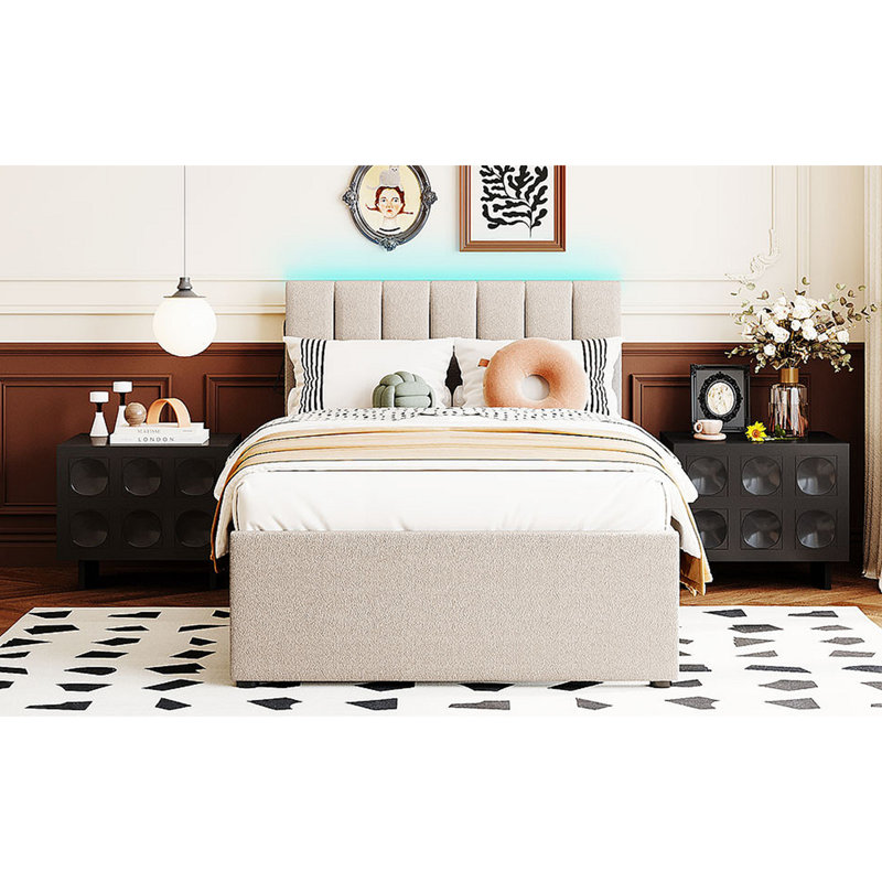 Lit plateforme tapissier Teddy, Gris, Lit simple