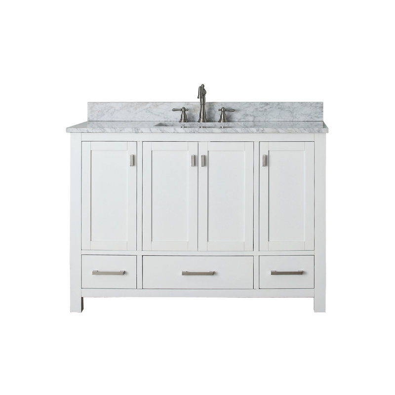 Modero 48" Single Bathroom Vanity with Top, Carrera White Marble, White, Brushed Nickel