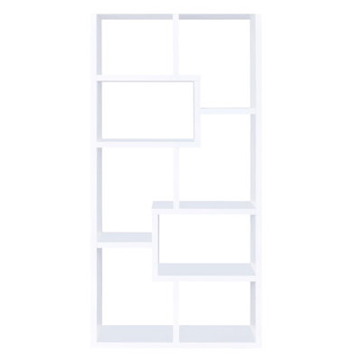 White Geometric Bookcase With 8 Or More Shelves, Open Back For Unique Display Of Accent Pieces, Modern Design Vertical Storage In Living Areas, Compact Footprint, Includes Tip - Over Prevention,