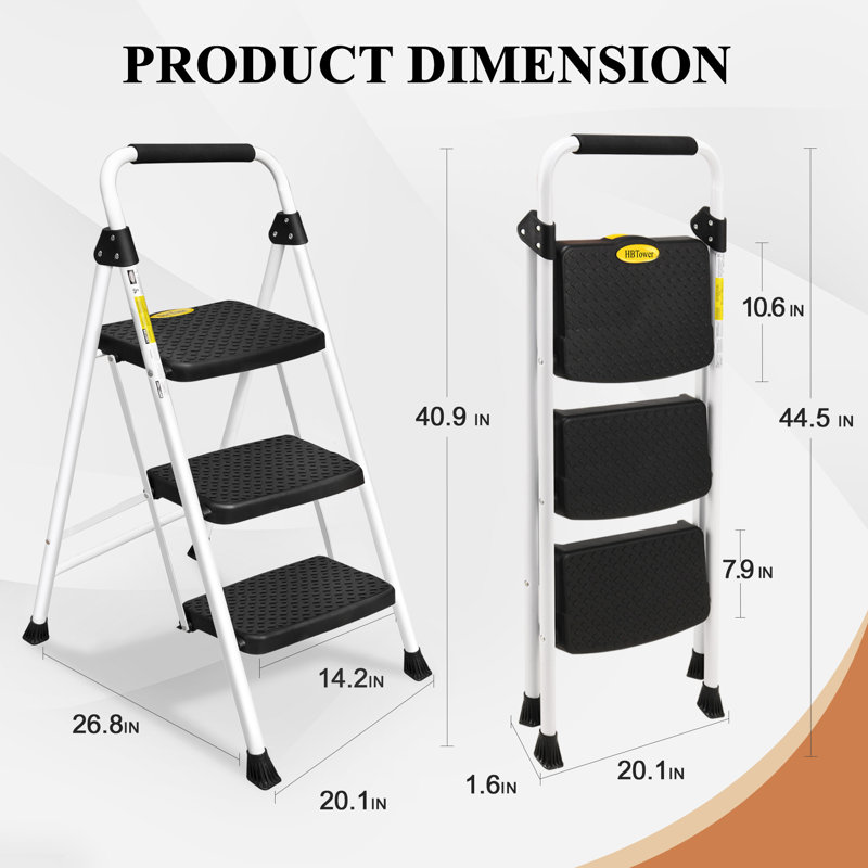 3 Step Ladder, Folding Step Stool for Adults with Wide Anti-Slip Pedal, 500 LBS Capacity, Lightweight, Portable Steel Step Stool with Convenient Handrail