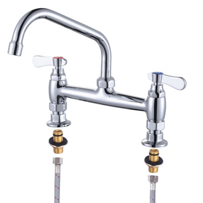 8" 2-Handle Deck Mounted Commercial Kitchen Faucet with Swivel Spout & Supply Lines In Chrome