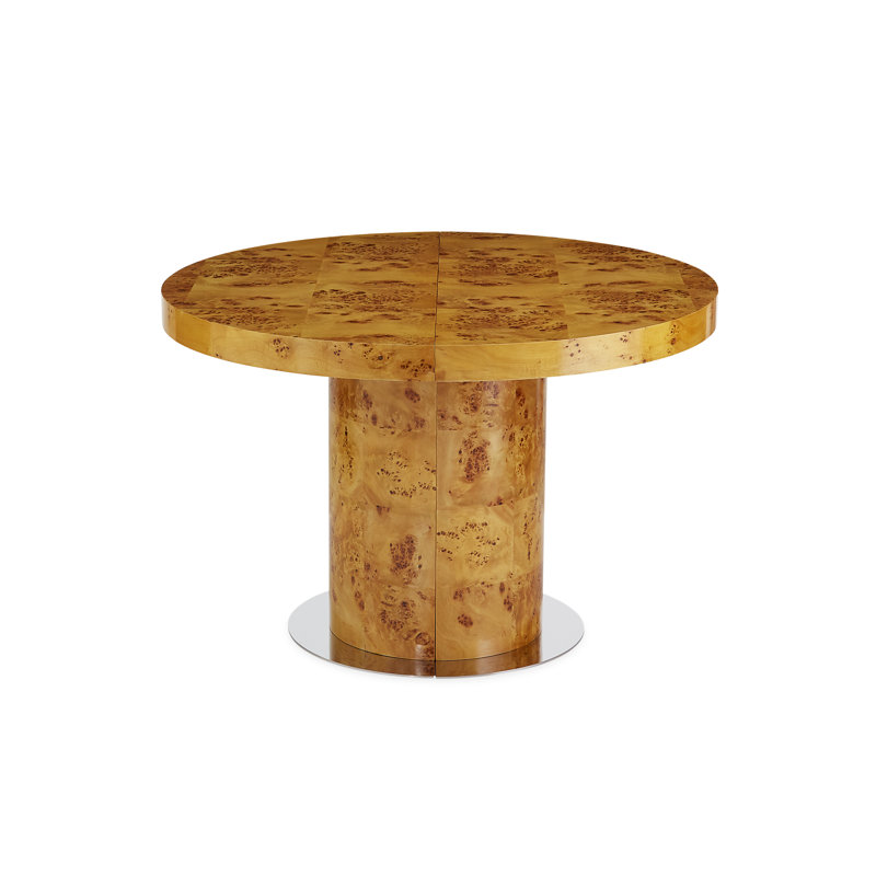 Honey-Hued Round Extendable Wood Dining Table with Nickel Base