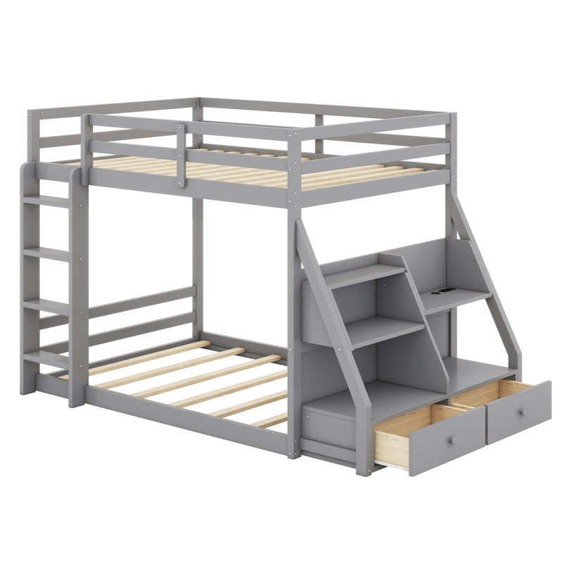 Lit superposé avec rangement à DEL 7 couleurs, chargement USB, tablettes intégrées et 2 tiroirs, Gris