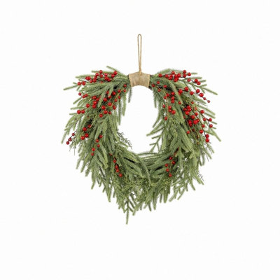 19.69-Inch Heart-Shaped Artificial Evergreen Wreath With Red Berries, Hanging Winter Christmas Wreath for Front-Door Decor