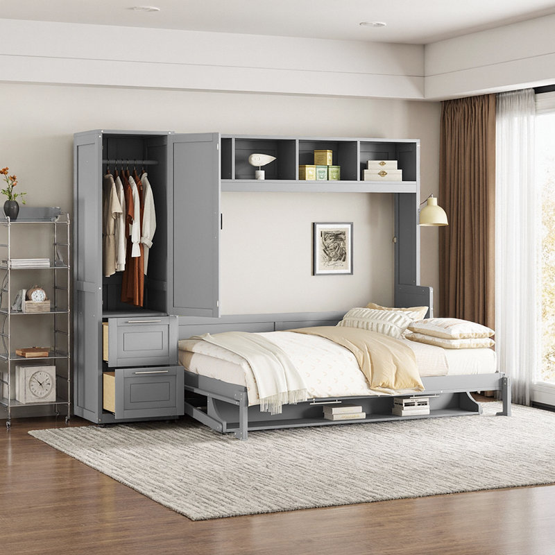 Grand lit escamotable mural avec garde-robe et rangement intégrés, Vert