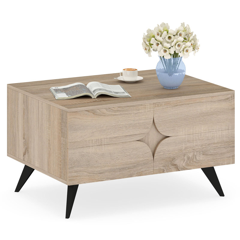 Table basse moderne avec compartiments de rangement ouverts et 3 tiroirs avec 4 pieds surélevés