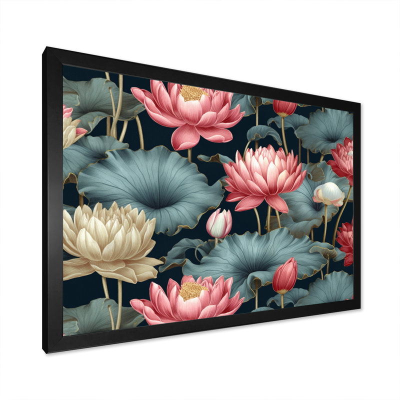 «Red Green Lotus Ponds III», reproduction sur toile, H 24 po x l 32 po x P 1 po, Cadre photo noir