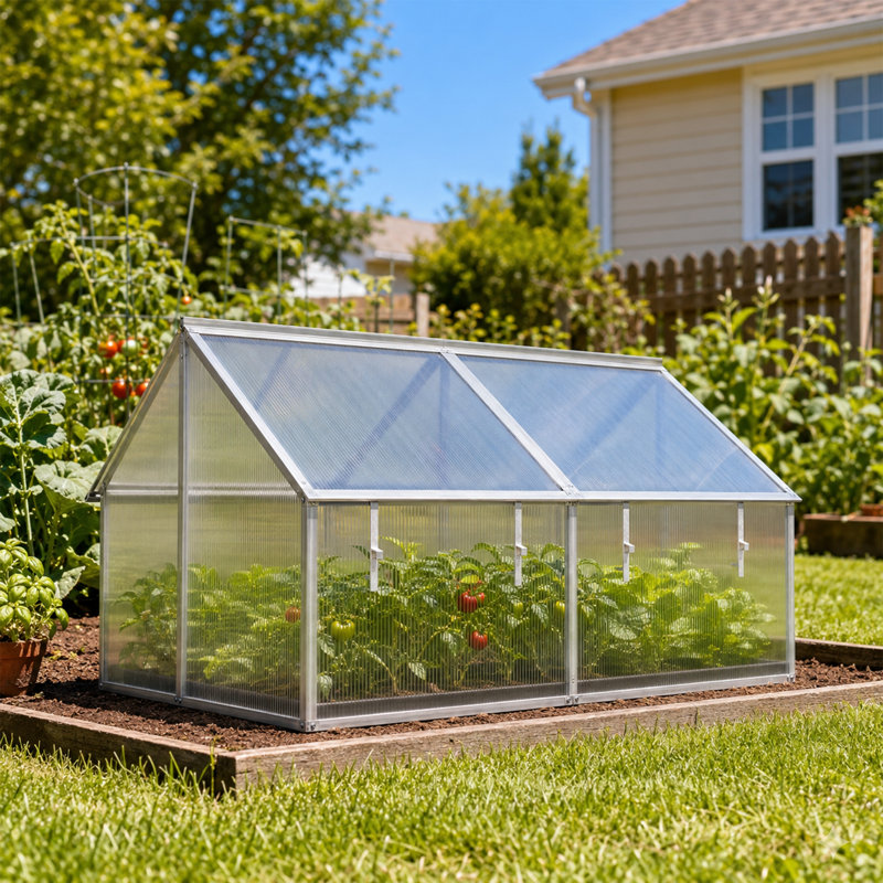 Mini-serre à structure en aluminium avec panneaux en polycarbonate, abri de culture portatif et isolé pour semis, couleur argent.
