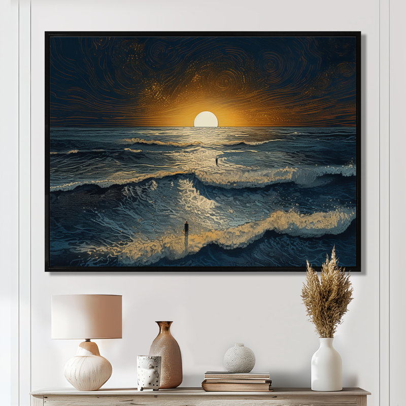 Alone On The Waves Majestic Ocean Sunset - salon d'art mural plage et océan, Toile avec cadre flottant noir