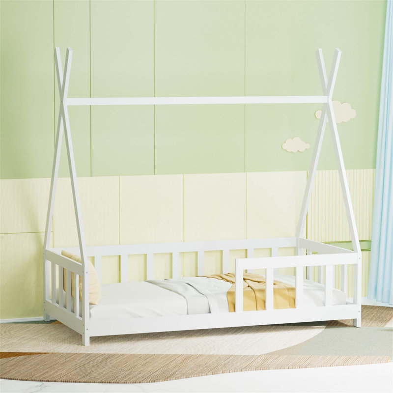 Whimsical Wooden Montessori House Bed Frame For Kids With Guardrail, Ideal For Creative Play And Cozy Sleep