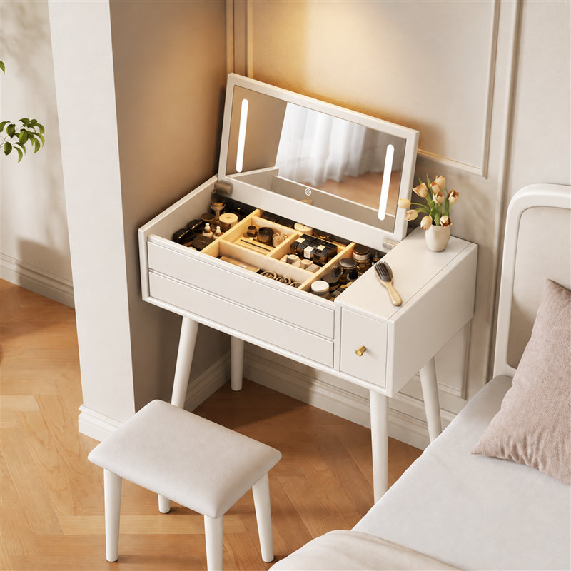 Coiffeuse à maquillage en bois massif Anita avec miroir rabattable et modes d'éclairage, L 31,4 po, Blanc