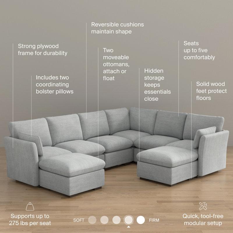 Stedman Modular 5-Seater Sectional With Set Of 2 Storage Ottomans, Living Room Furniture, Dove Gray Polyester