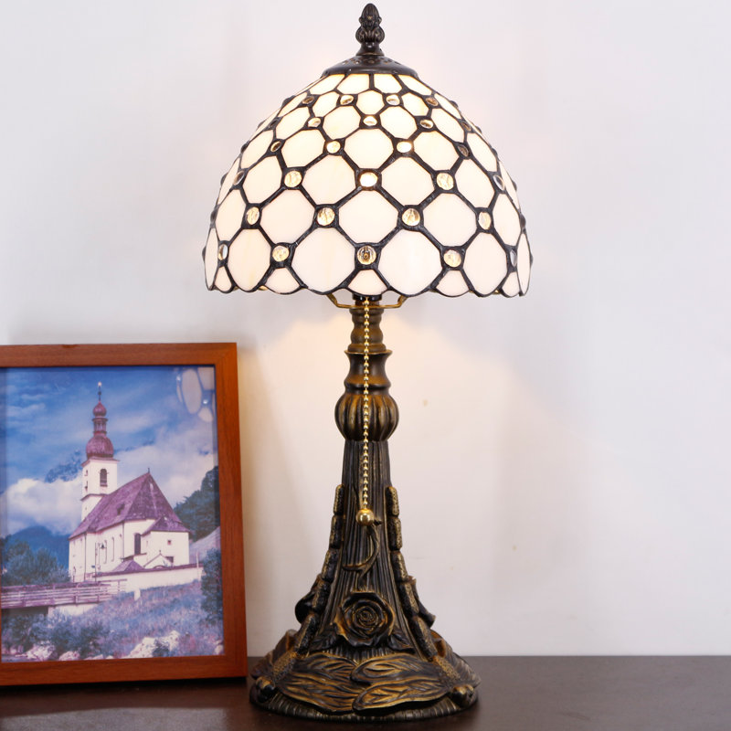 Mini lampe de table en verre coloré Tiffany perle cristal blanc perle style 8 x 17,5 pouces