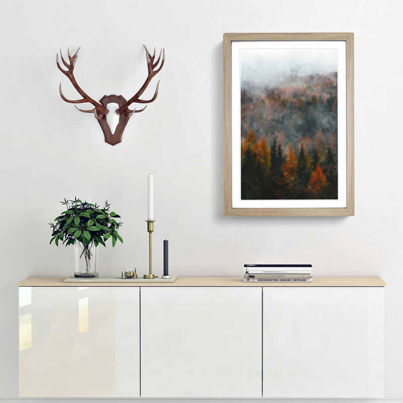 Misty Forest in the Autumn - Picture Frame Painting Print, 87cm H x 62cm W x 2cm D, Oak Framed