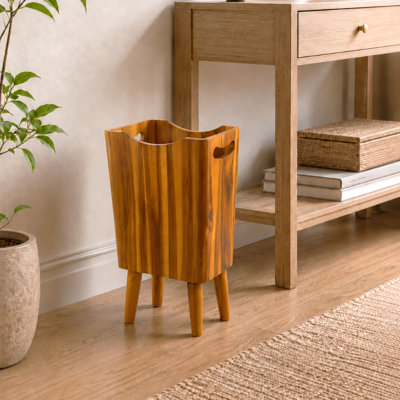 Poubelle en bois d'acacia avec 4 pieds - Poubelle de salle de bain décorative