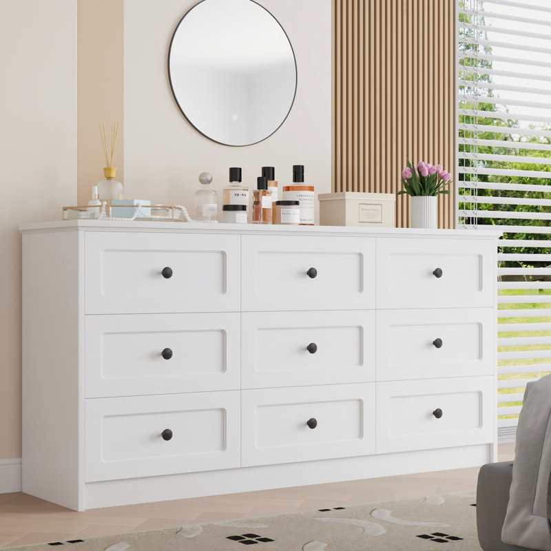 9 Drawer Dresser, 63'' Wide Long Modern Dresser With 9 Drawers, White