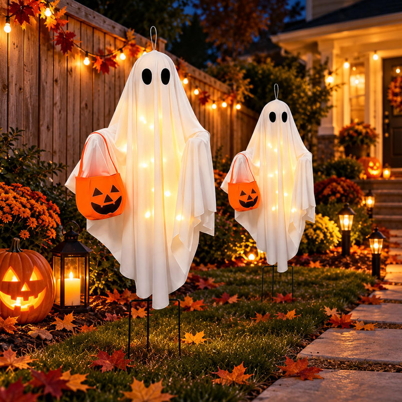 Ensemble de 2 guirlandes lumineuses solaires fantômes pour l'Halloween, avec support à suspendre et à piquer.