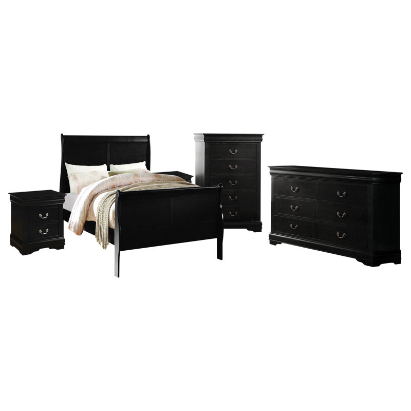 Ensemble de chambre à coucher Engstrom, Noir, Double, 5 pièces : lit, commode, miroir, table de chevet