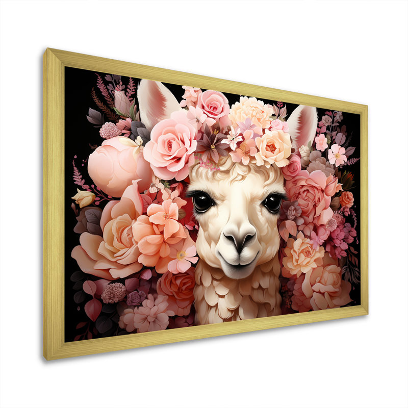 Fleur rose, couronne d'alpaga, art mural, Cadre doré à coins fermés, H 24 po x l 32 po x P 1 po