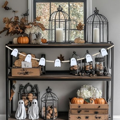 Halloween Garland Decorations - Adjustable Cute Hanging Ghost Garlands Fireplace Decor - Pre-Strung Aesthetic Boho Wood Beads Mantel Garland For Home Room Indoor Farmhouse Office Wall Décor