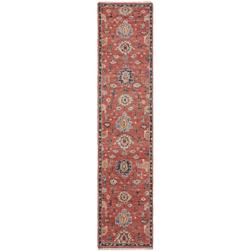 Hand Knotted Wool Area Rug in Red, Runner 2'6" x 10'