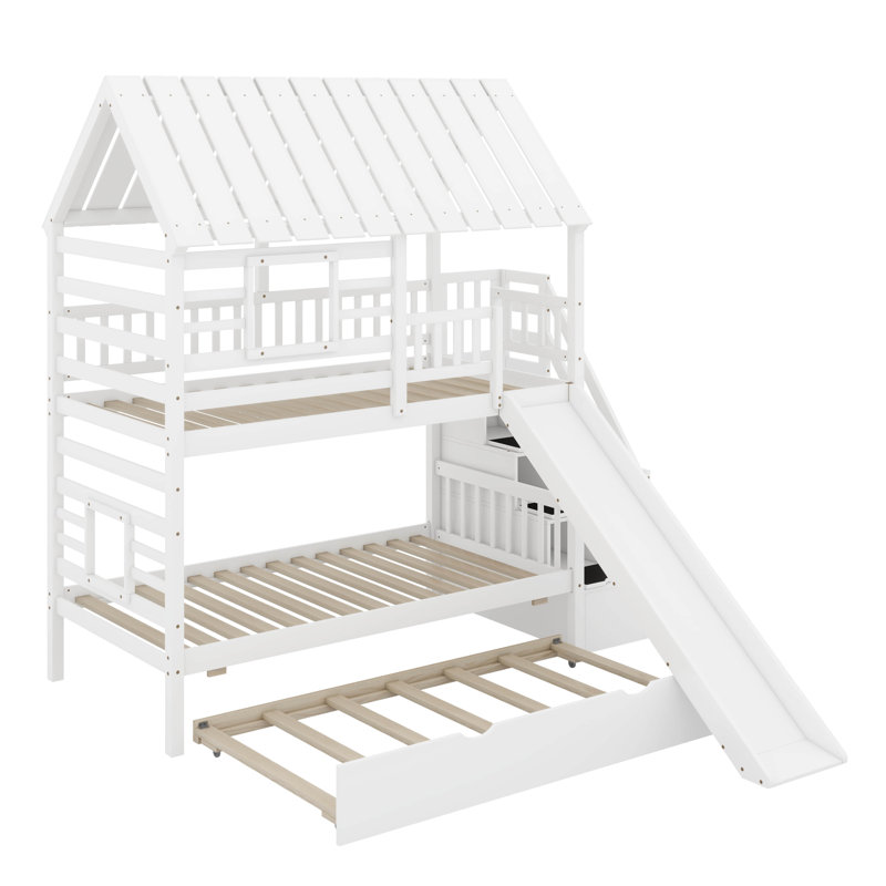 Twin Over Twin Bunk Bed With Trundle And Slide, White