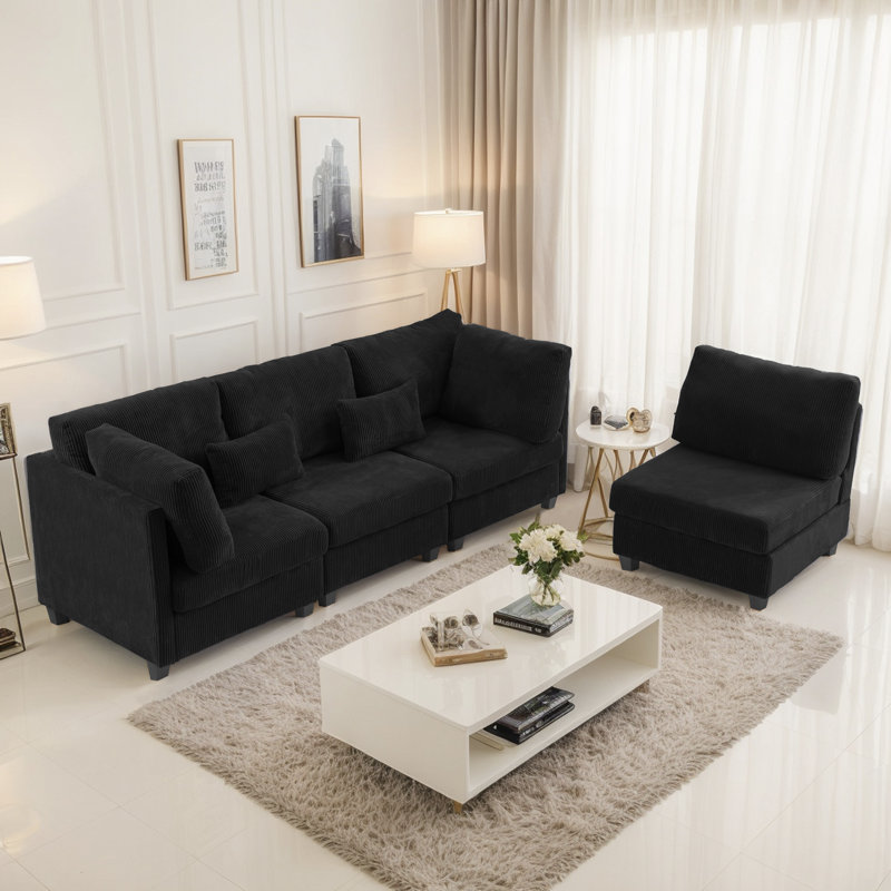 Canapé modulaire 126 po en velours côtelé, Noir