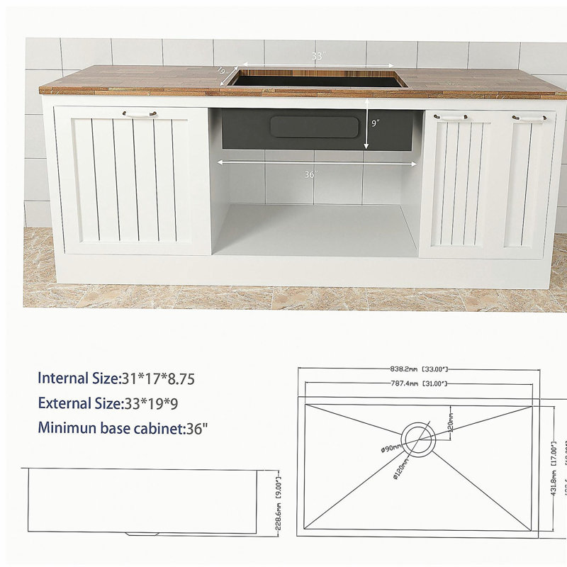 Évier de cuisine encastrable 33 po x 33 po x 19 po x 9 po en acier inoxydable