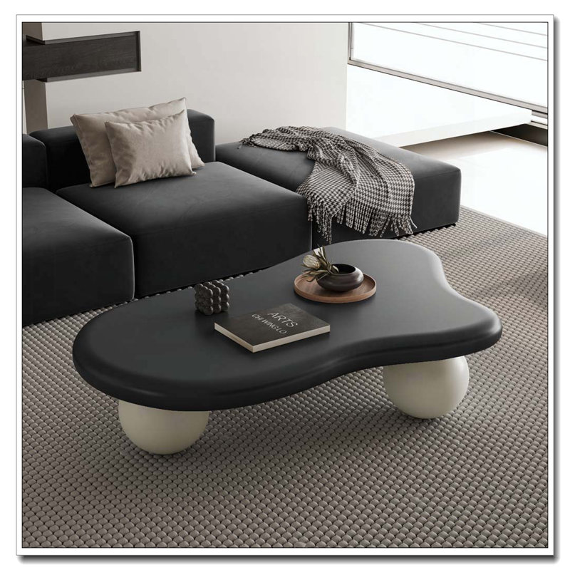 Table basse 47 pouces en forme de nuage avec 3 pieds en forme de boule, Plateau noir / base blanche