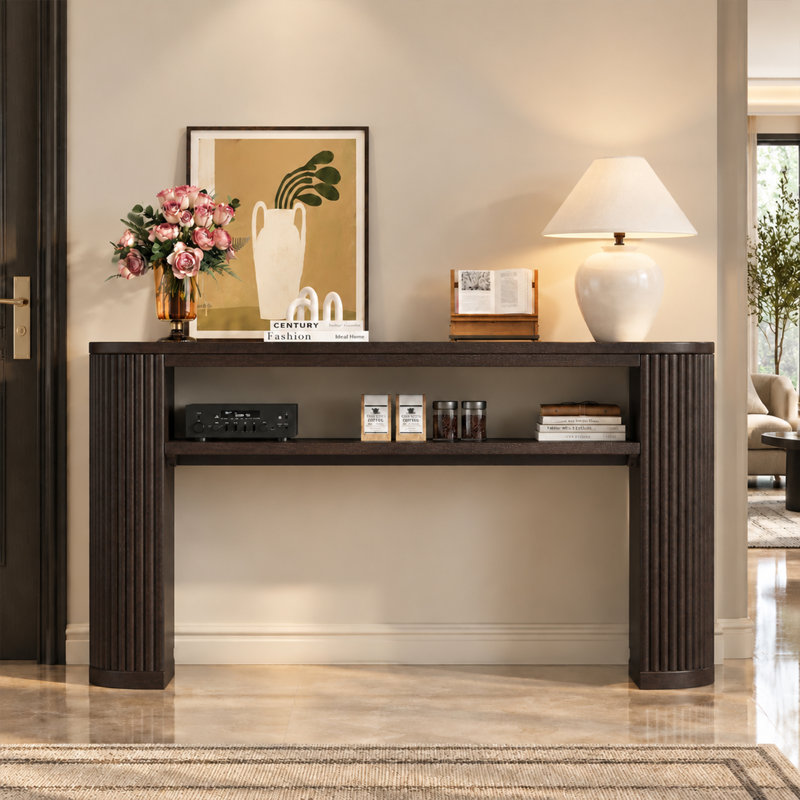 Console rustique, canapé d'entrée de style campagnard avec pieds cannelés, plateau en placage de frêne, Espresso