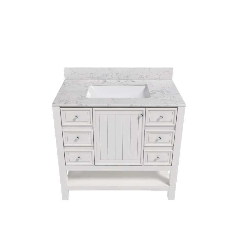 Modern 37"Bathroom Vanity With Artificial Marble Carrara White Top Set , Multi-Functional Bathroom Cabinet With Doors And Drawer, Solid Frame And Mdfboard (Three Faucet Hole)