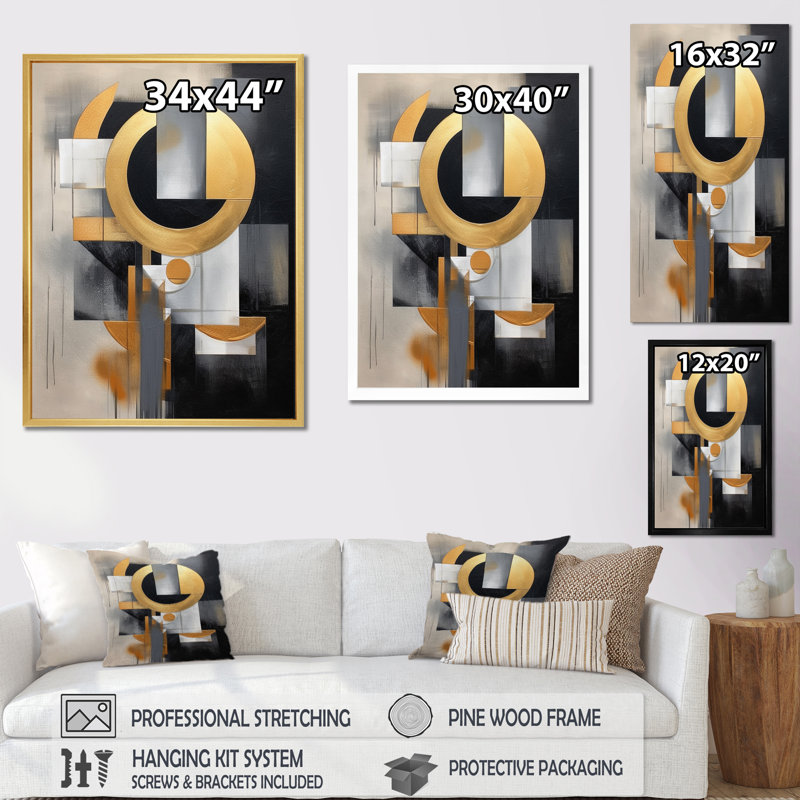 " Gold Black Shapes In Harmony ", Gold Picture Frame, 40" H x 30" W x 1.5" D