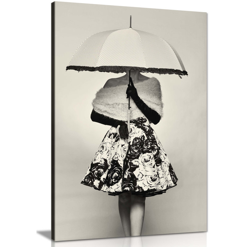 Panther Print Fine Art Prints Black & White Woman Hiding In Umbrella Artistic Framed Canvas Prints, Pictures For Home Walls, Bedroom, Living Room & Bathroom Decor - Wrapped Canvas Art Prints