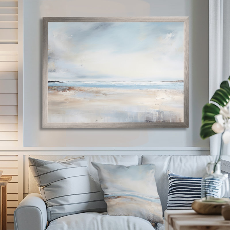 «Beige and Blue Beach Minimal Horizon II», art mural plage côtière, H 34 po x l 44 po x P 1,5 po, Cadre doré simple