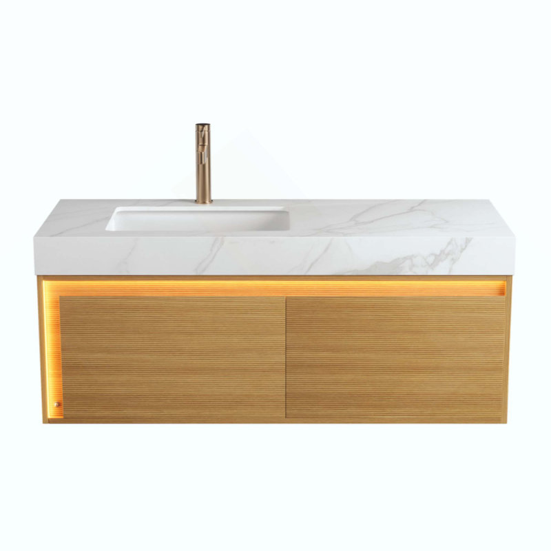 Meuble-lavabo de salle de bain, armoire de rangement flottante ultra-mince en contreplaqué, tiroirs avec capteur de lumière, plateau en pierre frittée et lavabo encastré en céramique, pré-assemblé