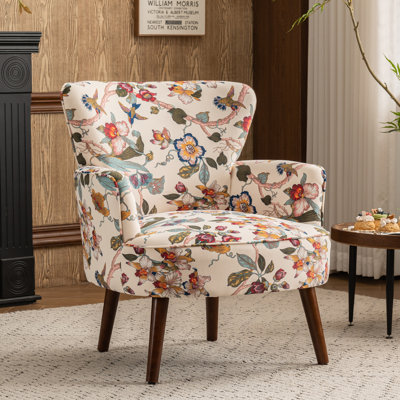 Upholstered Mid Century Modern Floral Accent Armchair with Solid Wood Legs