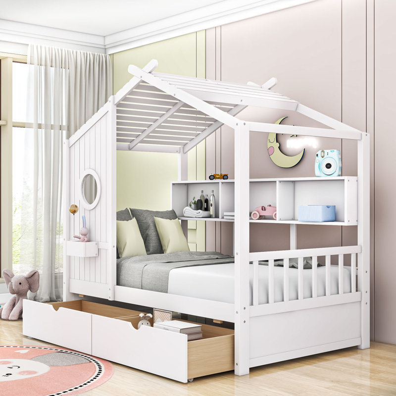 Wood Daybed with 2 Drawers and Shelves, Twin, White