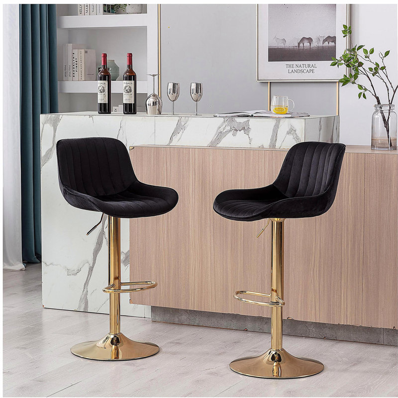 Repose-pieds et base chromés avec velours mécanique à hauteur réglable et simple chaise de bar à pieds dorés, ensemble de 2, noir