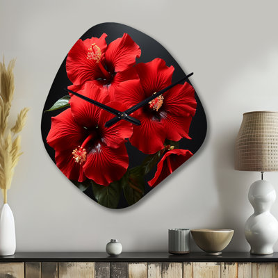Tropical Radiance Red Hibiscus II - Hibiscus Asymmetrical Metal Wall Clock, Red Unique Shape Metal Clock Print