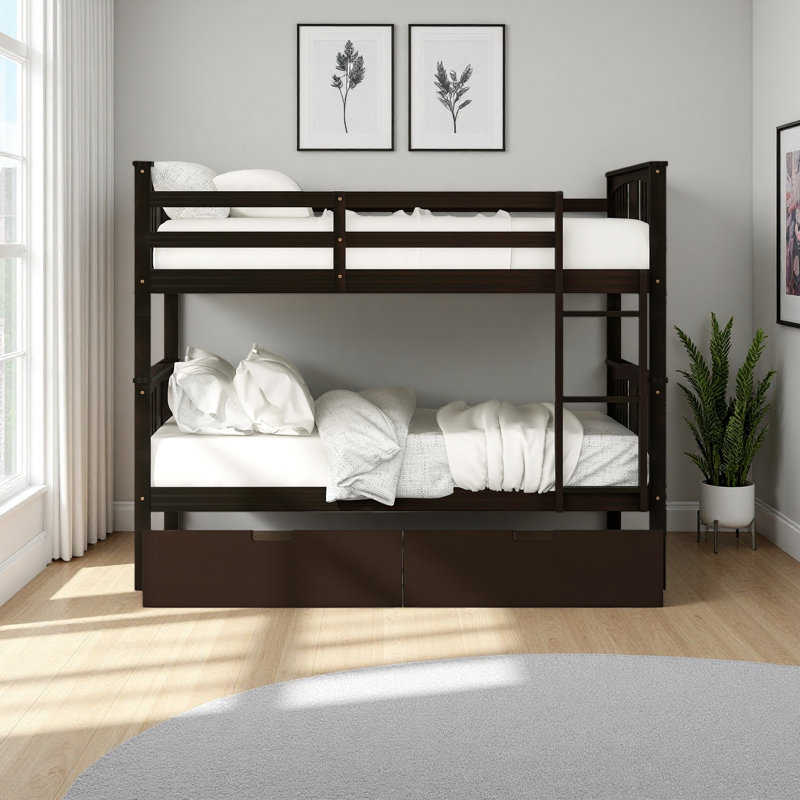 Lit superposé double au-dessus de double avec tiroirs et échelle pour chambre à coucher, Espresso