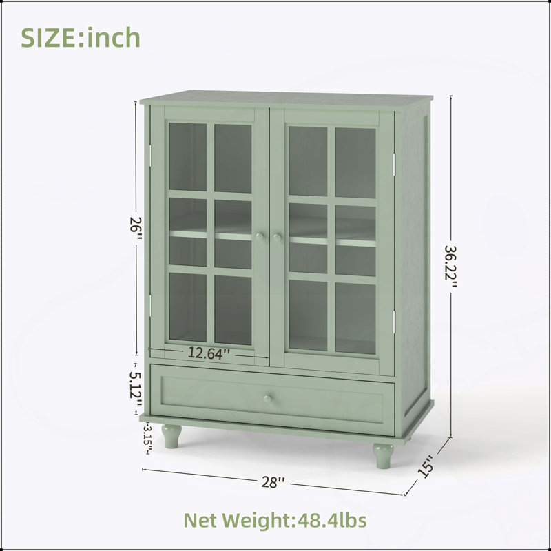 Minimalist Wooden Buffet Cabinet with Double Glass Doors and Drawer, Mint Green Storage Sideboard for Versatile Use in Living and Dining Areas