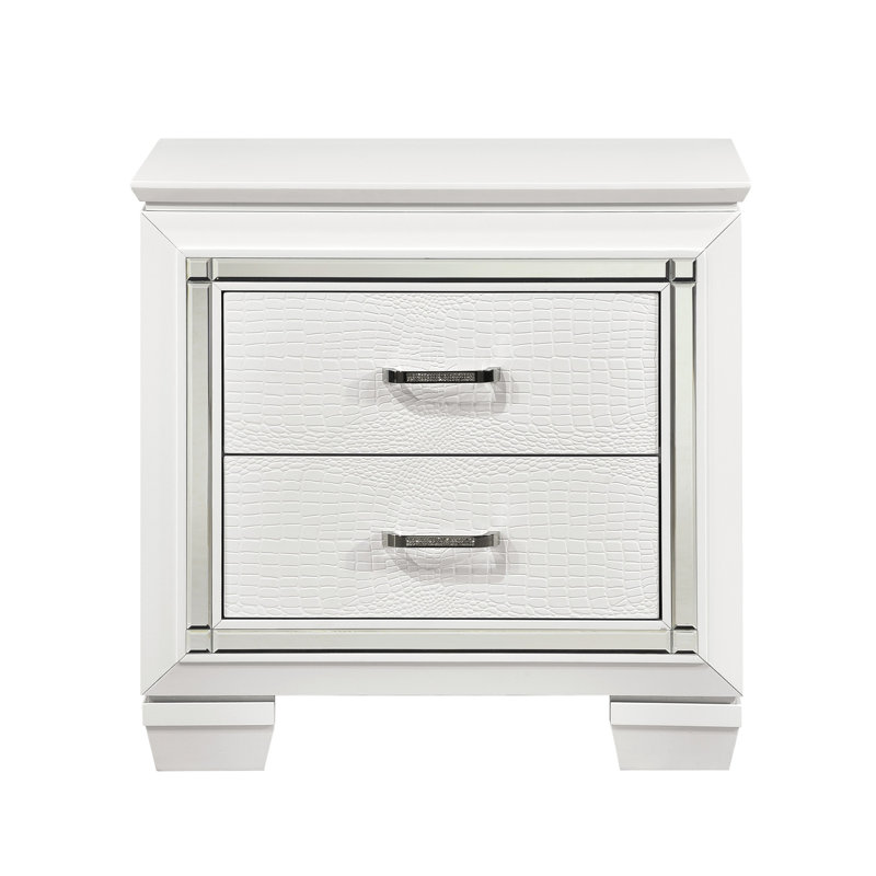 Table de chevet blanche avec faux alligator, table de chevet moderne à 2 tiroirs et ornements, blanc, élément de rétroéclairage à DEL