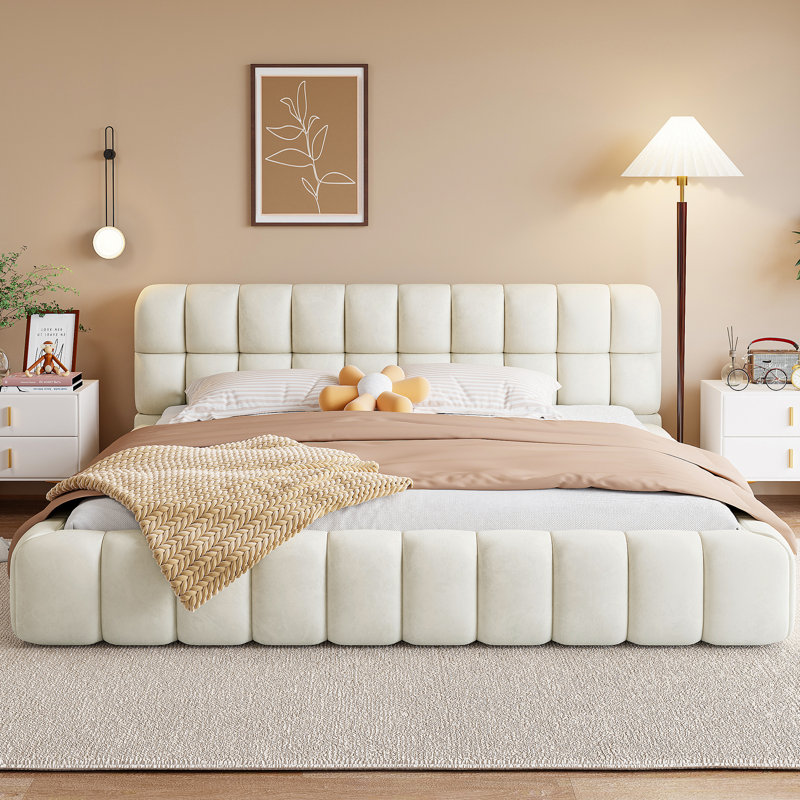 King Size Upholstered Platform Bed with Thick Fabric, Grounded Bed with Solid Frame, Beige, Beige