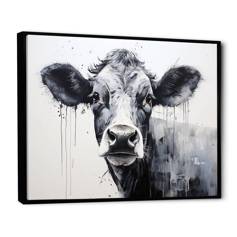 Minimalisme noir et blanc «I» - Vache, art mural, Cadre flottant noir, H 30 po x l 40 po x P 1,5 po