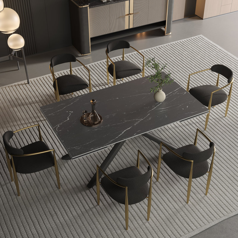 Ensemble de salle à manger rectangulaire avec chaises en tissu 70,8 "à 102,3" Louina, Noir, Noir / or, 9