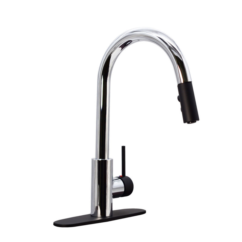 Robinet de cuisine à double bouton-poussoir avec douchette extractible, Chrome poli / noir mat
