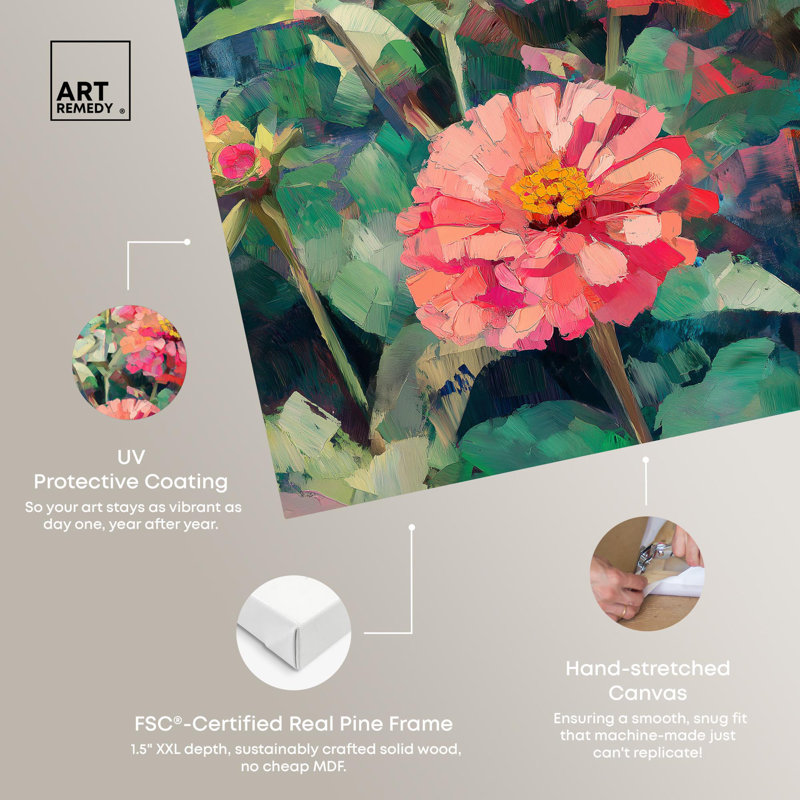Art Remedy, fleurs vibrantes sur toile, Zinnias en fleurs II, H 24 po x l 16 po, Toile tendue