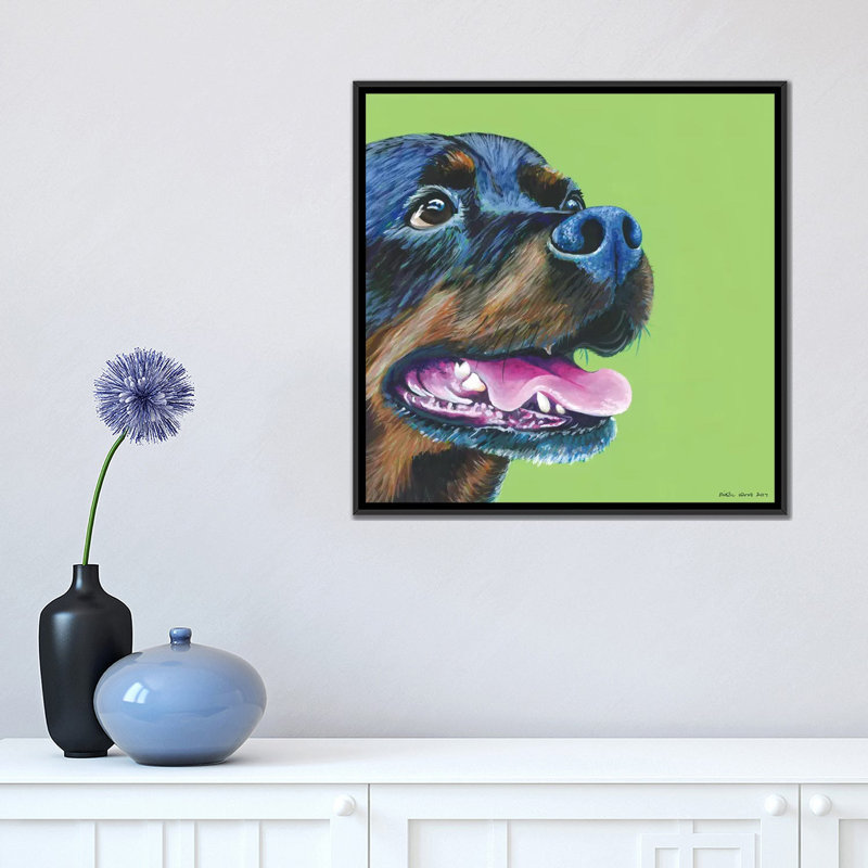 « rottweiller on lime, square » par kirstin en bois, impression sur toile, H 18 po x l 18 po x P 1,5 po, Pas de tapis