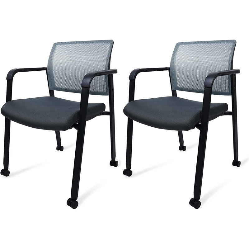  Mesh Back Stacking Chair with Upholstered Fabric and Lumber Support (With Wheels 2 Pack), Grey