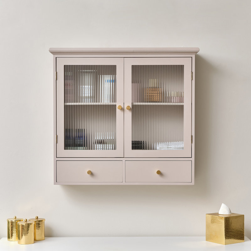 Pale Reeded Glass Wall Cabinet With Drawers, Pink